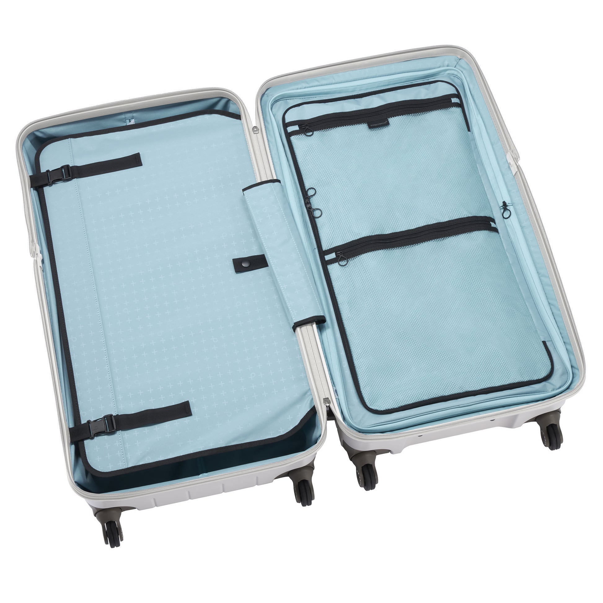 Open PROTECA 360G4 suitcase interior with organized compartments and mesh storage pockets
