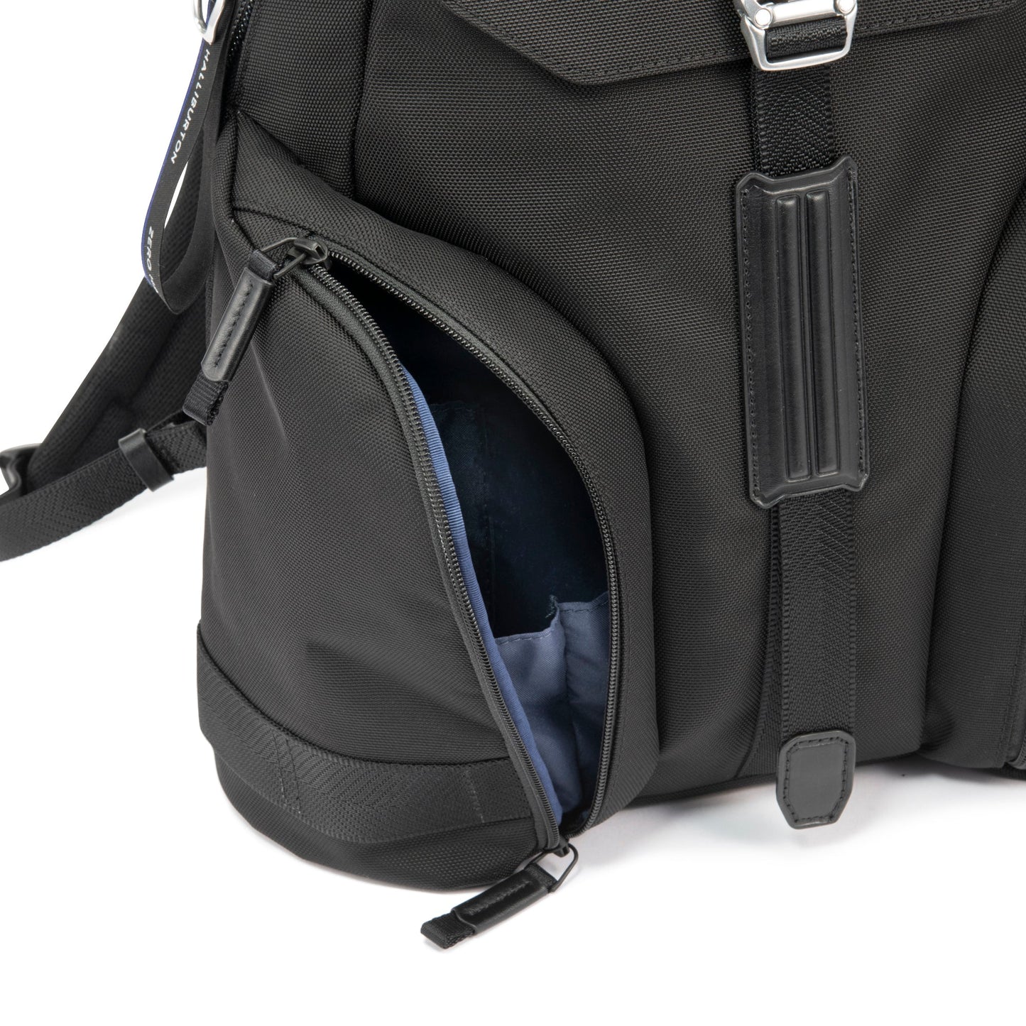 Black - backpack with open front compartment on a white background