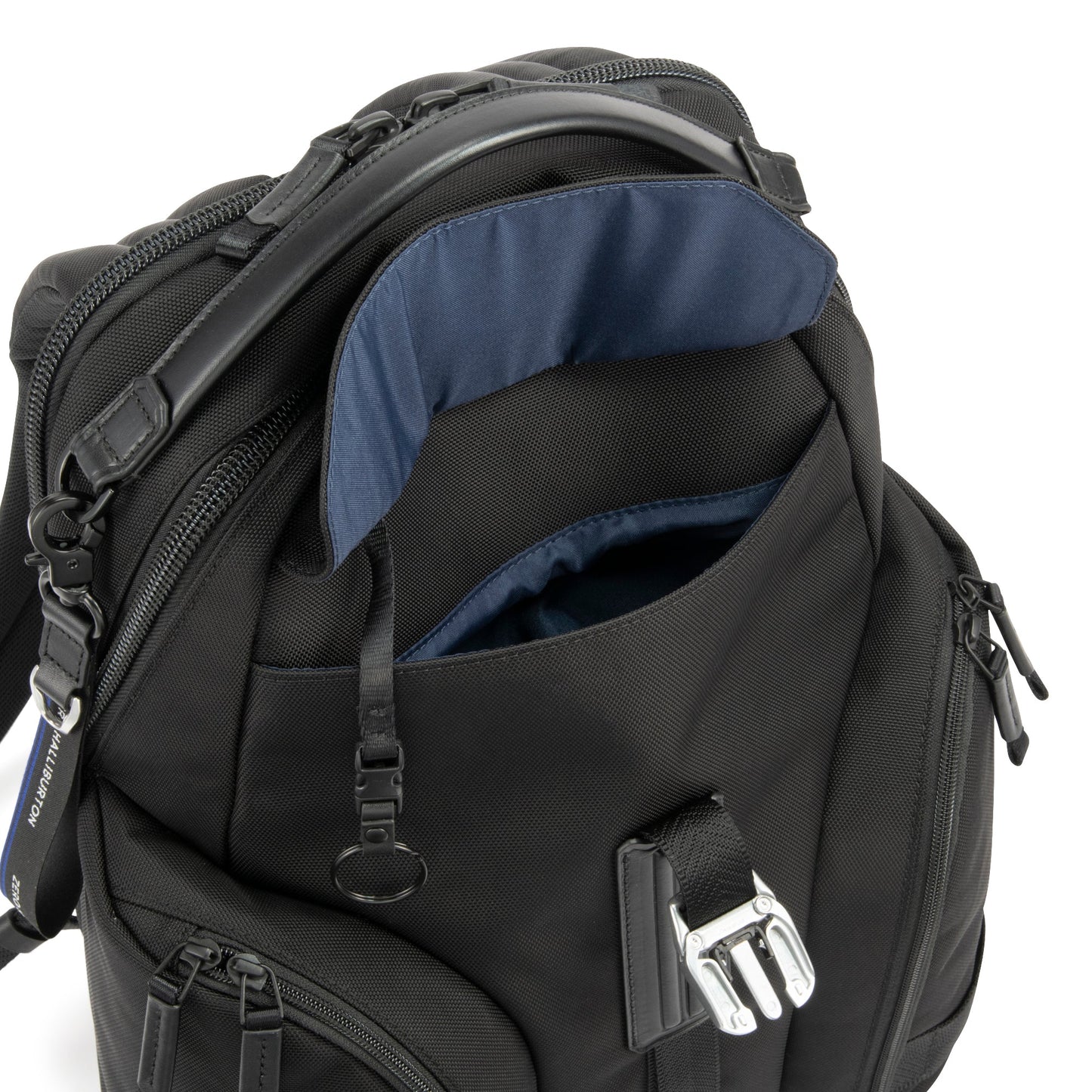 Black - backpack with open compartment showing blue interior on a white background