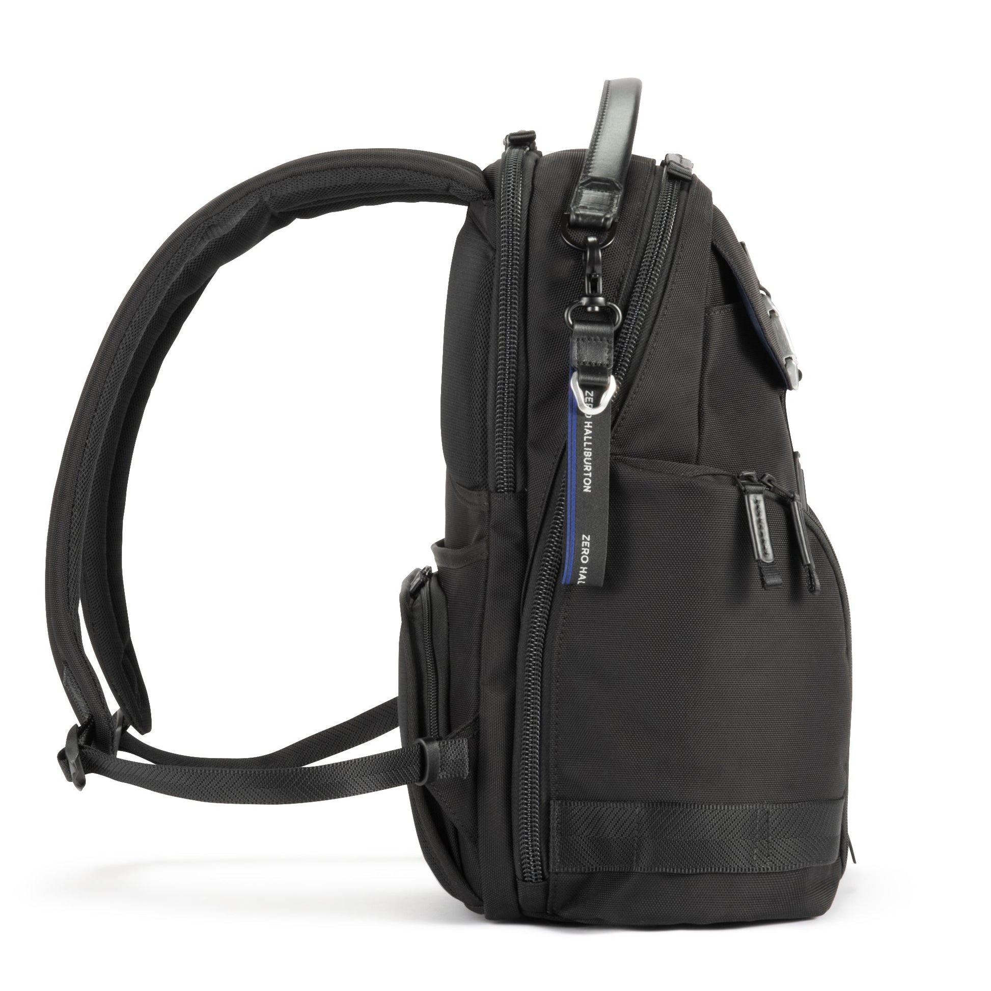 Black - backpack with multiple pockets and zippers on a white background