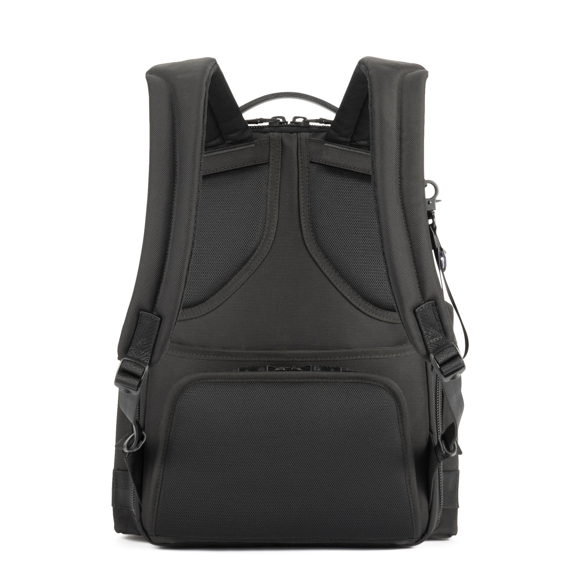 Black - back side view of backpack on a white background