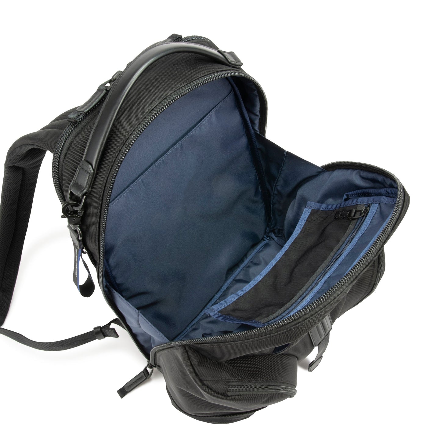 Black - Open black backpack with blue interior on a white background