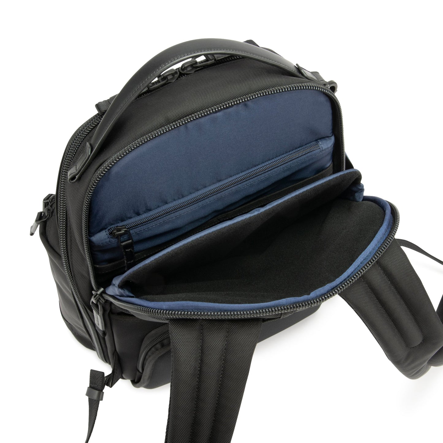 Black - backpack with open front compartment on a white background