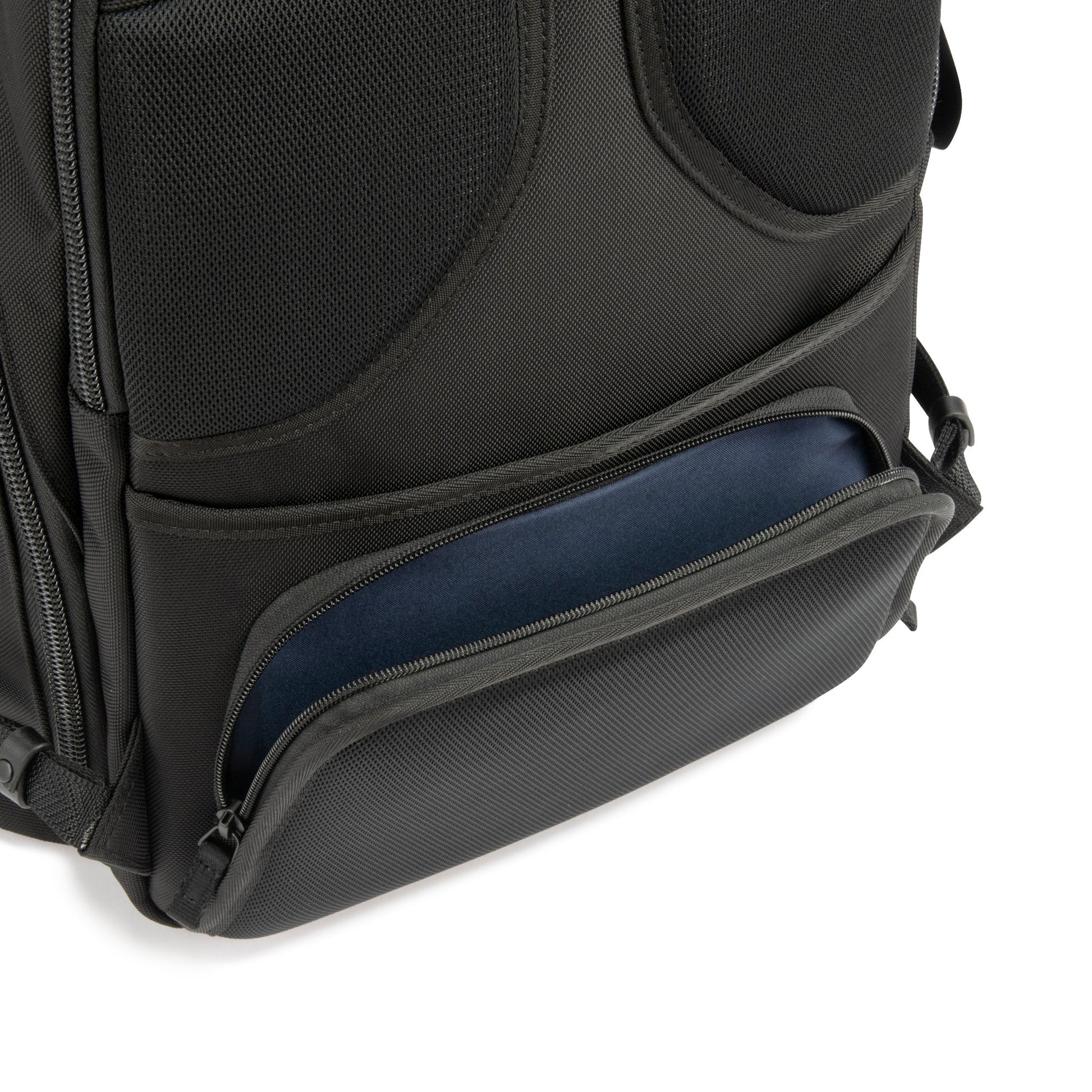 Black - backpack with a blue interior pocket on a white background