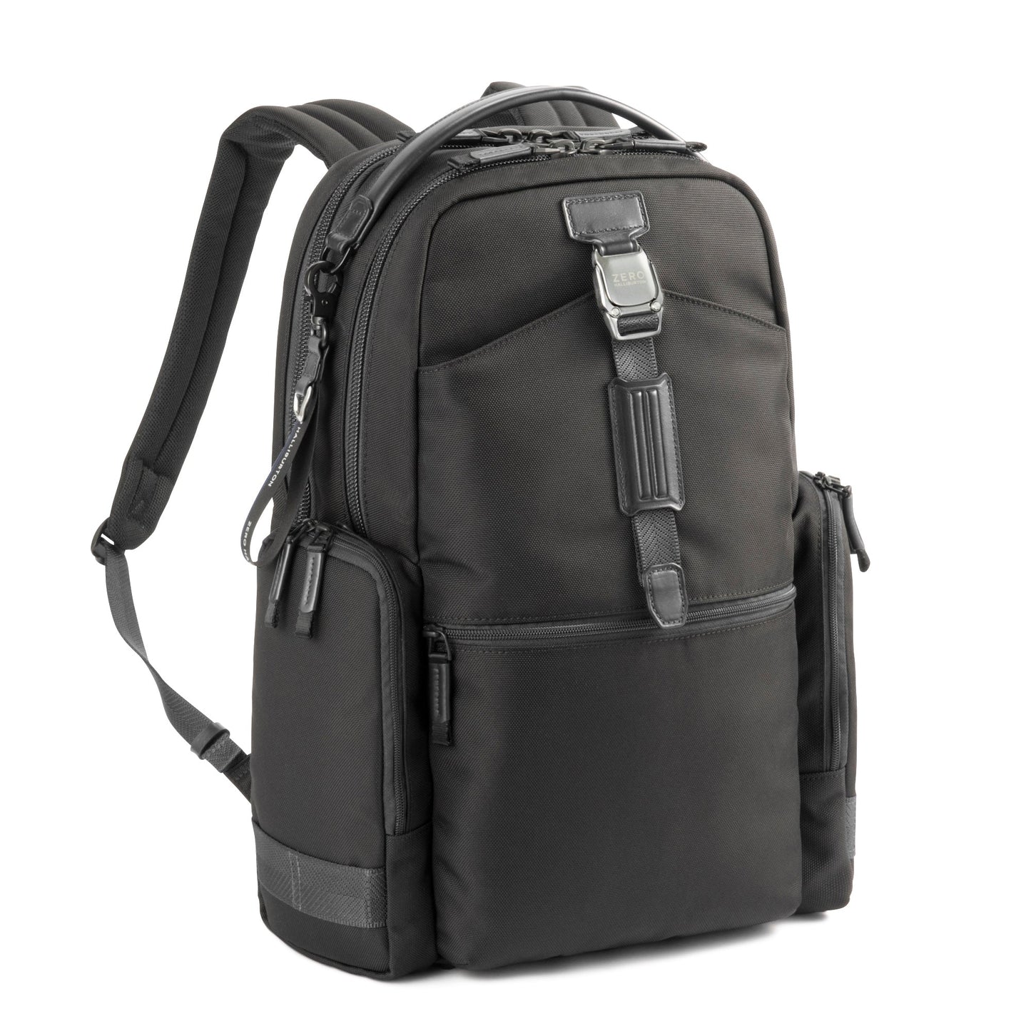 Black - backpack with multiple pockets and straps on a white background