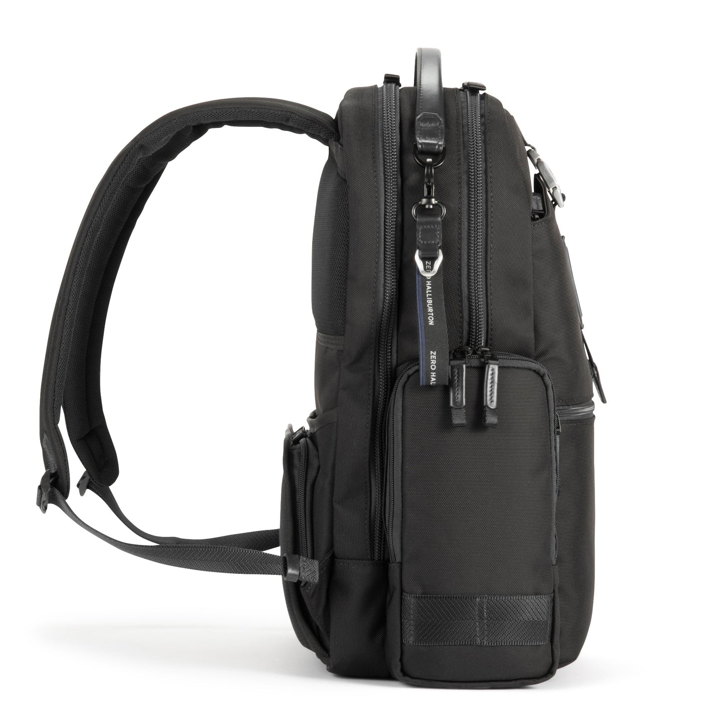 Black - backpack with multiple compartments and zippers on a white background