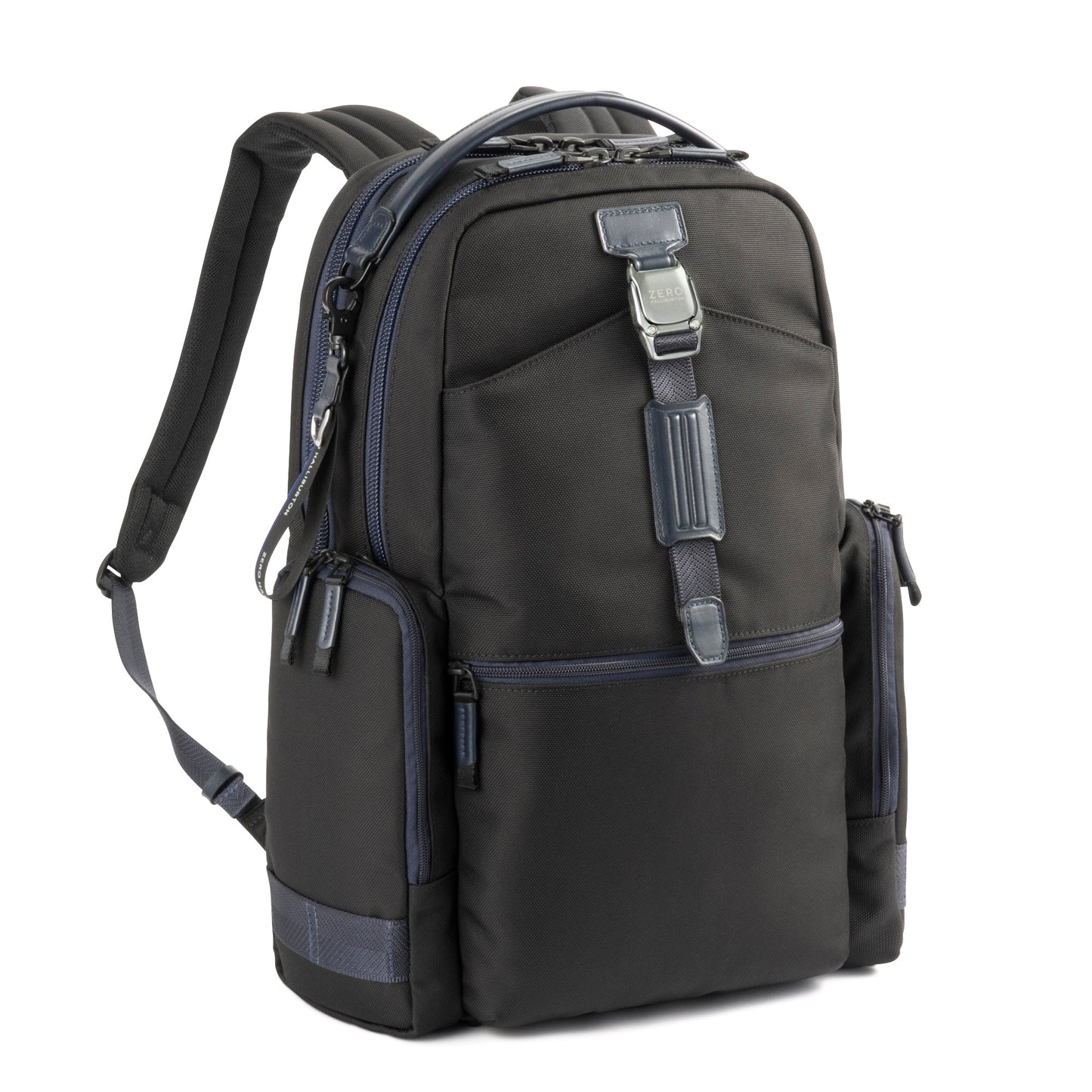 Navy- backpack with multiple compartments and straps on a white background