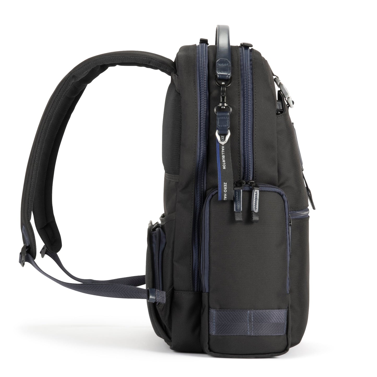 Navy - backpack with multiple zippers and compartments on a white background