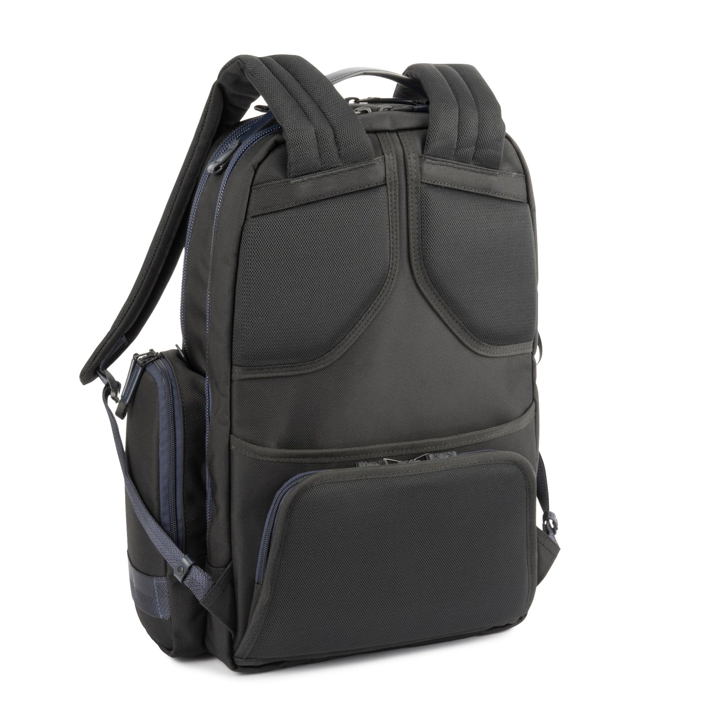 Navy - back side view of backpack with multiple compartments on a white background