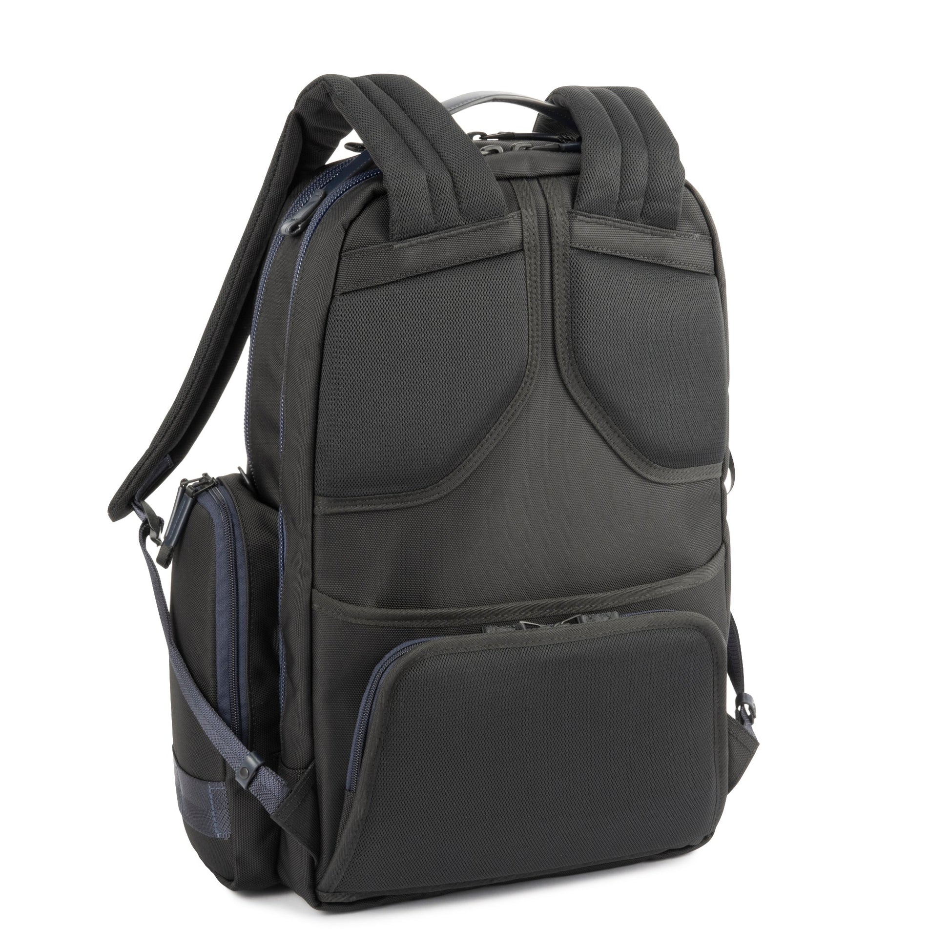 Navy - back side view of backpack with multiple compartments on a white background