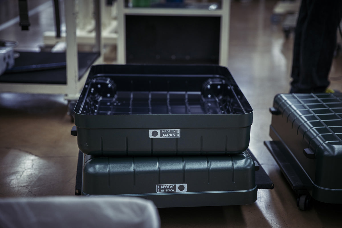 PROTECA suitcase shell with Made in Japan label at the Akabira Factory